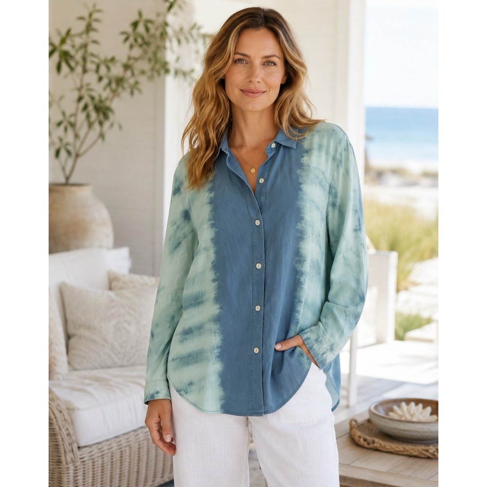 Women Linen Blend Tie Dye Button Front Shirt M Blue Green Coastal Boho
